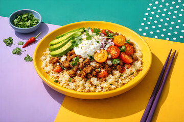 Healthy Grain Bowl with Avocado on Vibrant Colorful Background