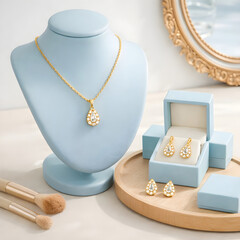 Luxury Gold Jewelry Set with Necklace and Earrings, Elegant Product Display