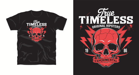 True timeless original hipsters t-shirt design with red skull and lightning bolts, experimental vintage graphic