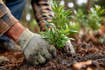 People are planting small trees in the ground to support Earth Day activities. They are focused on promoting sustainable practices in a natural area with greenery all around
