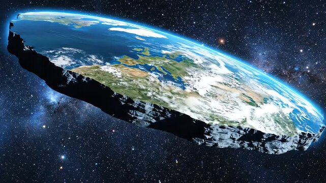 This conceptual 3d digital rendering captures a flat earth disk floating mysteriously in the dark blue cosmos, highlighting the detailed continents and rough rocky edges.