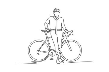 Obraz premium Businessman with a helmet leaning on a bicycle. Bike to work concept. Single line draw design. Full length animation illustration. High quality 4k footage