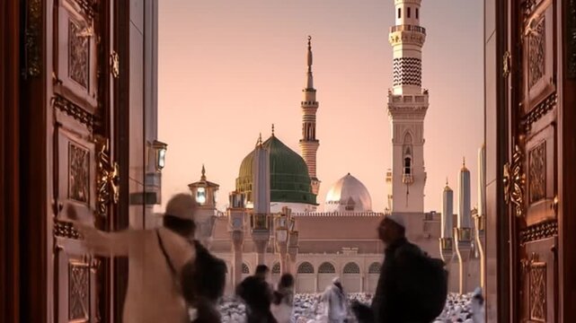 People walking towards a building with domes and minarets at sunset