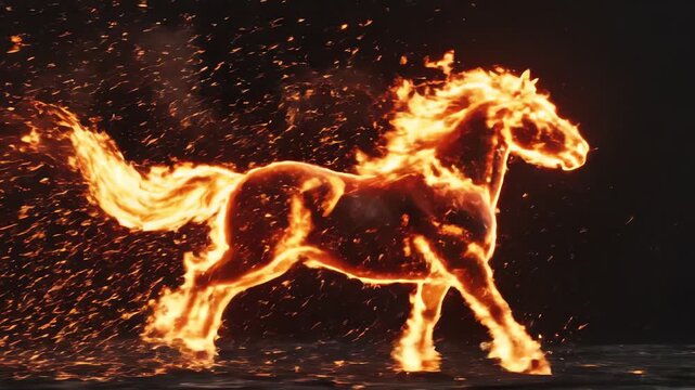 Conceptual digital art rendering of an intense fiery orange horse galloping, dynamically engulfed in flames and sparks against a dramatic black background.
