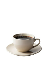 Fototapeta premium An elegant beige porcelain teacup of hot black coffee with steam on a brilliant white background with copy space. Concept for beverage advertising