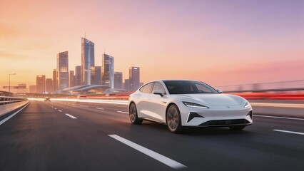 White electric car on highway at sunset