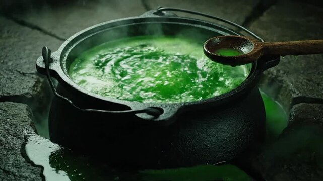 Bubbling green potion in a cauldron with a wooden spoon.