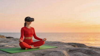 Woman practicing yoga with VR headset