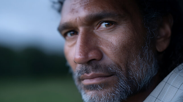 A close-up portrait of a contemplative man with a rugged, weathered face, gazing directly at the viewer