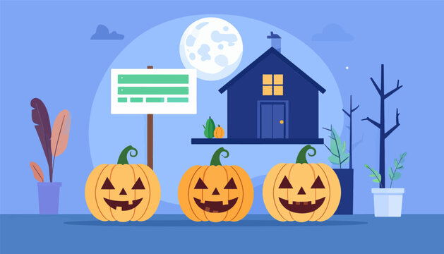Spooky house scene with jack-o'-lanterns, a full moon, and decorative plants