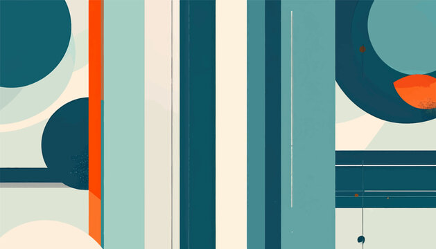 Abstract art with overlapping shapes and vertical stripes in blue, orange, and cream tones