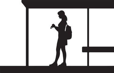 Woman silhouette standing with backpack and phone