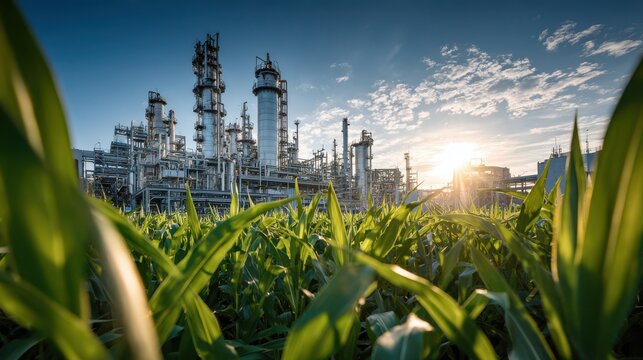 Industrial refinery plant behind a lush green corn field at sunset, symbolizing biofuel and sustainable energy production