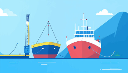 Fototapeta premium Stylized illustration of two ships at sea with a crane and mountains in the background