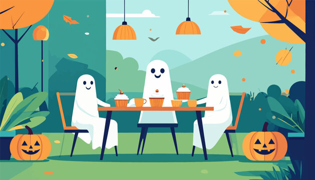 Three cute ghosts enjoy cupcakes and drinks at a table outdoors with pumpkins