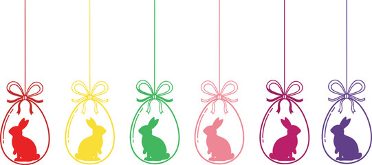 WebSet of six colorful hanging Easter egg ornaments featuring bunny silhouettes with decorative bows in red, yellow, green, pink, magenta, and purple for spring holiday designs.