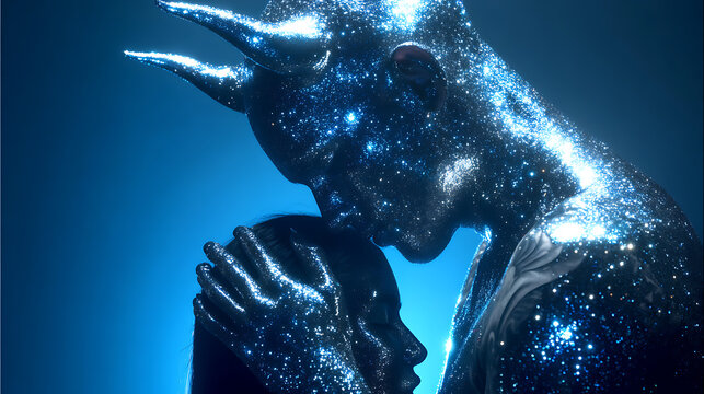 A cosmic embrace of celestial bodies, symbolizing creation and love with horns