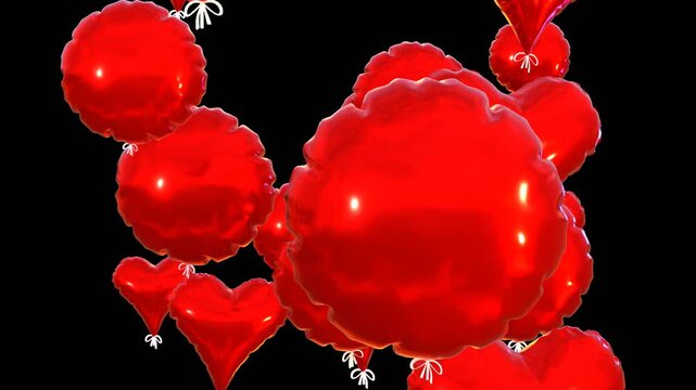 3d animation of love heart shaped and round balloons flying upwards, wedding or holiday celebration concept. Video with alpha channel