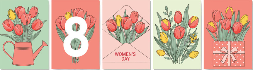 Colorful Tulips in Vases and Envelopes with a Number Eight and Gift Box © MdAbdulHamad