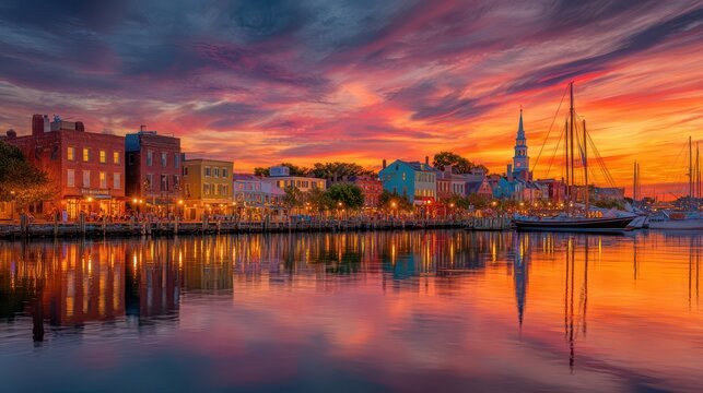 Vibrant sunset over the historic harbor of Annapolis, Maryland, with colorful buildings and sailboats reflected in the water