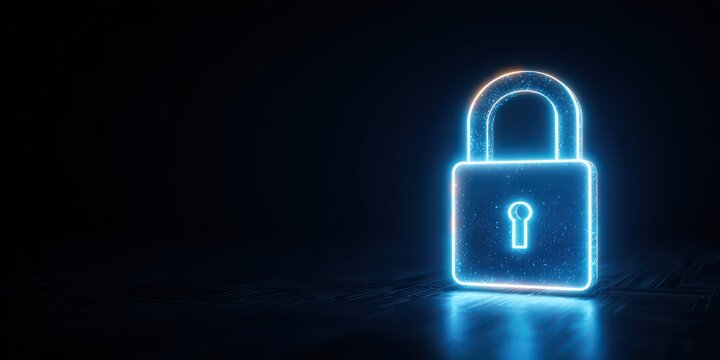 Cybersecurity and digital data protection concept with glowing blue padlock icon on dark background
