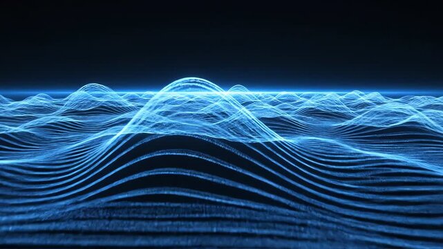 A futuristic 3d rendering of an abstract digital wave surface, composed of tiny glowing blue particles, undulating dynamically against a dark, infinite background.