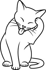 Obraz premium Cute and funny black and white line illustration of a cat licking its paw with its tongue out. Adorable vector graphic for pet grooming, cat lovers, or humorous animal designs.