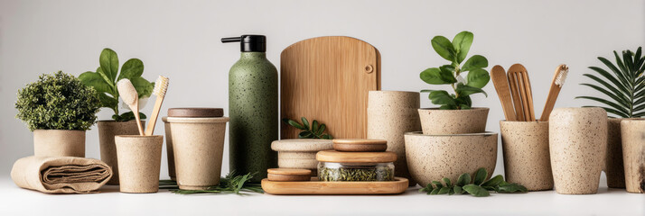 Various eco-friendly items are spread out for Earth Day. Reusable containers, wooden utensils, and greenery are gathered to promote awareness of sustainability and nature's value