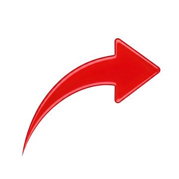 Bright red curved arrow pointing to the right isolated on transparent background