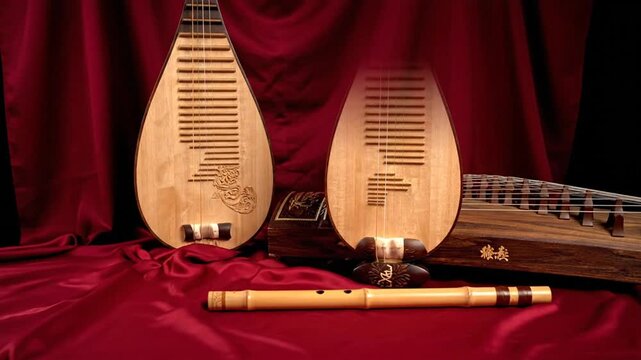 Elegant Collection of Traditional Chinese Musical Instruments on Display.