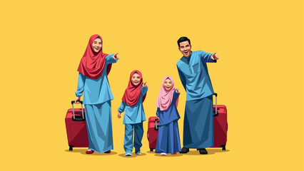 Happy family traveling together with luggage in traditional attire on yellow background