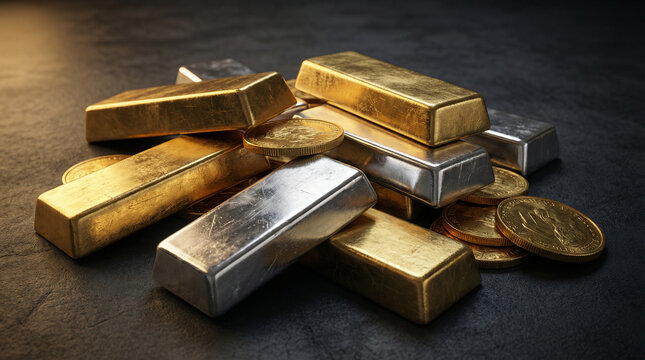 Stack of gold and silver bars with scattered gold coins on a dark surface, evoking wealth, investment, finance and precious metals for banking, economy and luxury concepts.