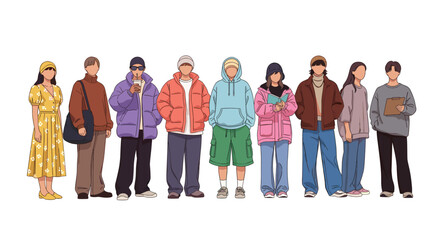 Fototapeta premium Diverse young people standing together, modern casual fashion illustration, multicultural group portrait, urban lifestyle concept, flat vector style design trend