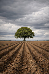 Lone Tree in Plowed Agricultural Field Under Dramatic Cloudy Sky