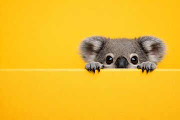 Cute Koala Peeking Over Yellow Banner Background with Copy Space for Marketing