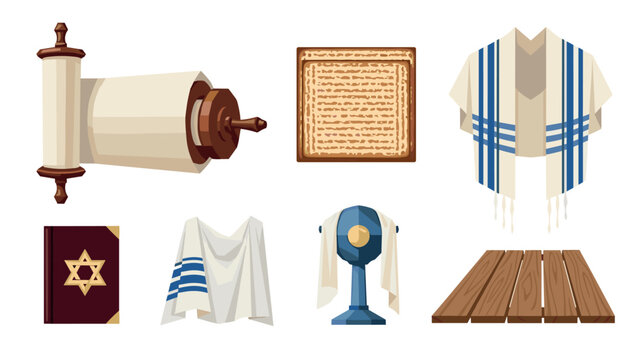 Jewish heritage symbols: torah scroll, star, and tallit in colorful flat design