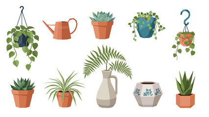 Assorted indoor plants in decorative pots and vases