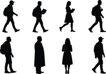 Obraz premium People walking reading silhouette collection, urban lifestyle daily activity concept, commuters pedestrians isolated on white background illustration set