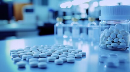 White pills on laboratory table