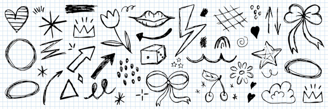 Hand Drawn Doodle Elements Set on Grid Paper Background, Cute Sketch Icons Collection, Vector Style Black Ink Illustrations