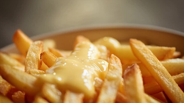 Close up of golden french fries smothered in melted cheese