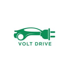 Green electric car with plug icon for sustainable automotive technology and eco-friendly transportation business branding volt drive logo