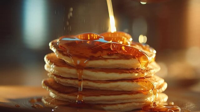 Syrup drizzles over stacked pancakes on plate