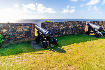 A view out to sea in Fort King George above Scarborough, Tobago on a bright morning in January © Nicola