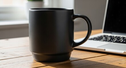 Matte Black Mug on Wooden Desk with Laptop in Sunlight