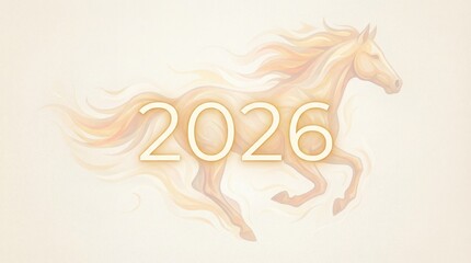 Fototapeta premium Elegant Golden Horse Illustration with Flowing Mane and 2026 Text