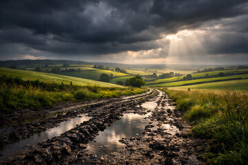 Muddy Country Road After Rain Under Dramatic Storm Clouds with Sun Rays