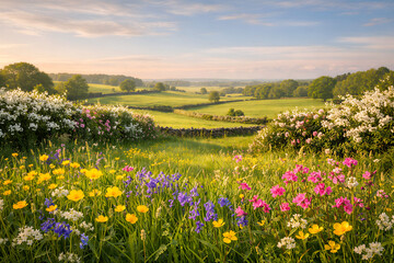Blooming Wildflower Meadow Overlooking Rolling Green Countryside at Sunrise
