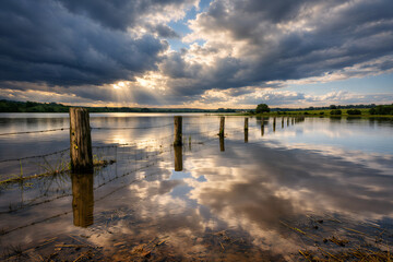 Flooded English Farmland with Wooden Fence Posts Under Dramatic Stormy Sky