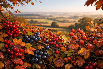 Autumn Berries and Colorful Leaves with Countryside Landscape in Background